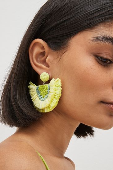 Lime Green Raffia Bead Statement Earrings