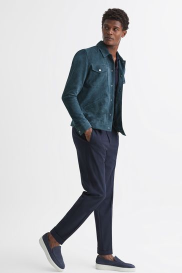 Blue suede trucker jacket sales