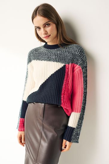 Pink/Navy Blue Colour Block Crew Neck Jumper