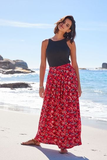 Red Floral Pleat Front Detail Maxi Skirt