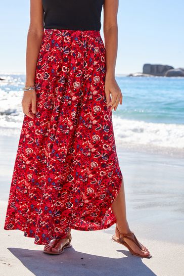 Red floral maxi skirt shop