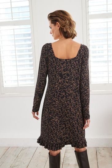 Black/Brown Geo Long Sleeve Ruffle Hem Mini Dress