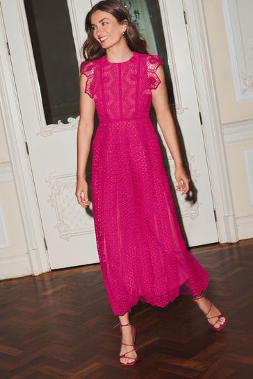 Pink crochet midi dress shop