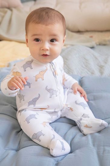 JoJo Maman Bébé Multi Elephant Print Zip Cotton Baby Sleepsuit