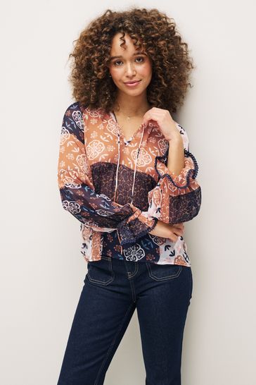 Navy Blue Patch Print Long Sleeve V Neck Sheer Blouse with Lace Trim Detail