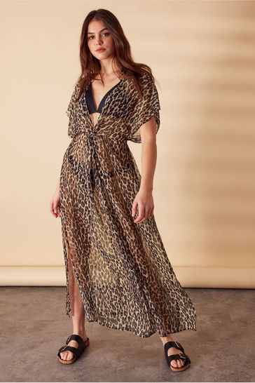 Accessorize Leopard Print Chiffon Brown Maxi Kaftan in Recycled Polyester