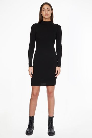 Calvin Klein Iconic Rib Mock Neck Black Dress