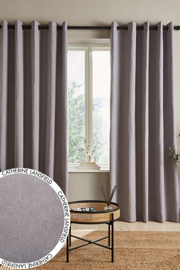 Catherine Lansfield Grey Cotton Chambray Lined Eyelet Curtains