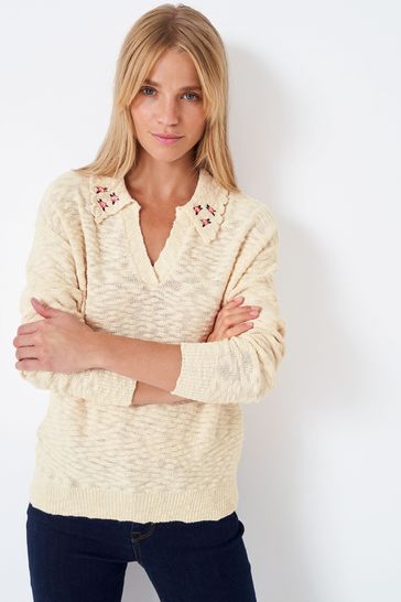 Crew Clothing Company Cream Embroidered Cotton Casual Sweater