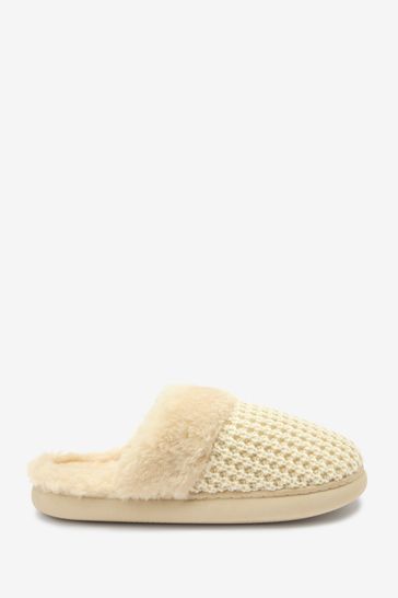 Cream Knitted Mule Slippers