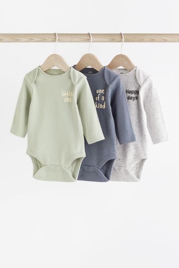 Grey/Blue Long Sleeve Baby Bodysuits 3 Pack