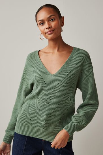 Khaki Green V-Neck Rib Jumper