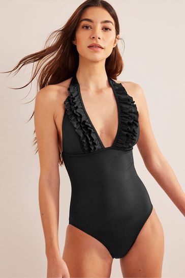 Buy Boden Black Ruffle Halter V Neck Swimsuit from Next Poland