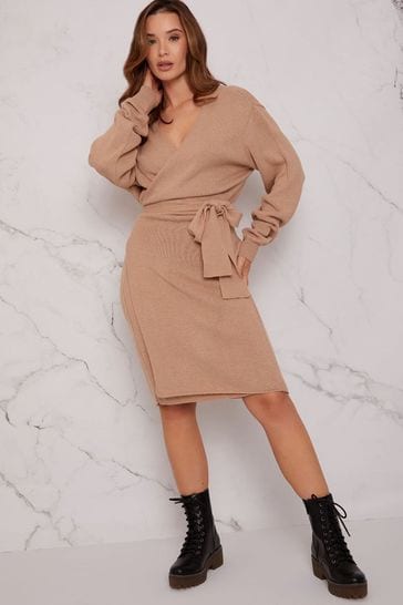 Chi Chi London Cream V-Neck Wrap Jumper Dress