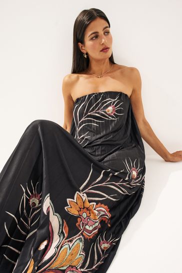 Buy Mono Print Pleated Boobtube Maxi Dress from Next Luxembourg