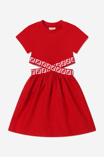 Fendi Kids Girls Red FF Logo Tape Cut Out Dress in Blue