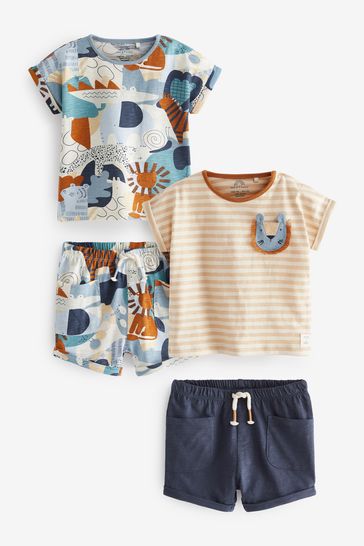 Blue/Tan Brown Safari 4 Piece Baby T-Shirts And Shorts Set