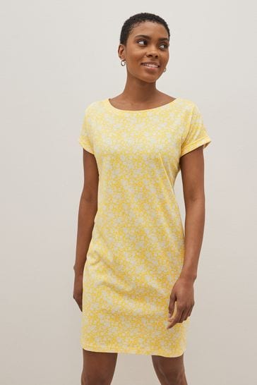 Yellow Ditsy Relaxed Capped Sleeve Tunic Dress