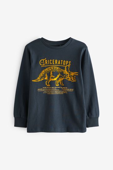 Navy Blue Triceratops Graphic Long Sleeve T-Shirt (3-14yrs)