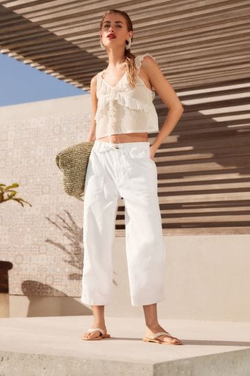 White Cargo Utility Cropped Lightweight Trousers