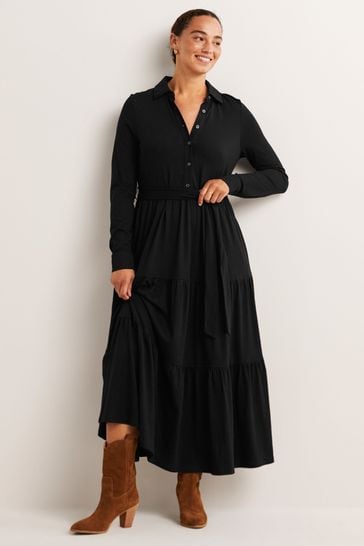 Boden Black Tiered Jersey Maxi Shirt Dress