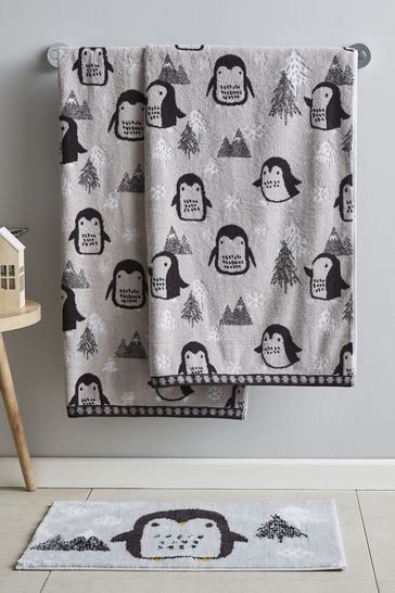 Catherine Lansfield Set of 2 Grey Cosy Penguin Cotton Christmas Towels