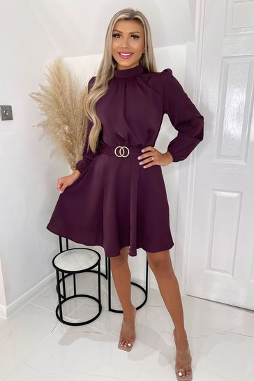 AX Paris Purple Plum High Neck Long Puff Sleeve Belted Skater Dress