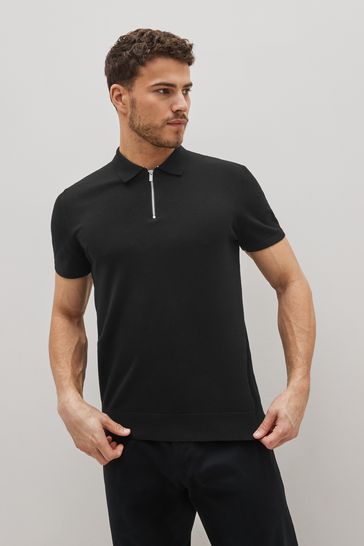 Black Knitted Zip Polo Shirt