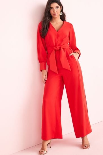 Red belted jumpsuit best sale