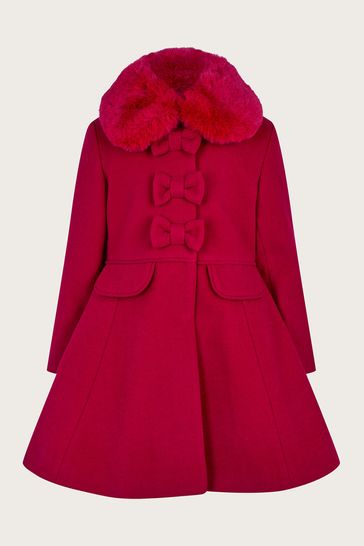 Monsoon Red Triple Bow Skirted Coat With Removable Faux Fur Collar