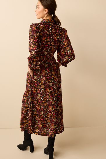 Buy Black Floral Embroidery Belted Long Sleeve Button Through