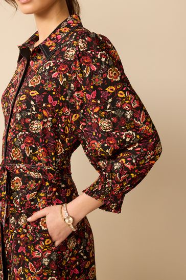 Buy Black Floral Embroidery Belted Long Sleeve Button Through