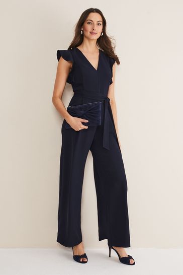 Phase Eight Blue Kallie V Neck Frill Jumpsuit