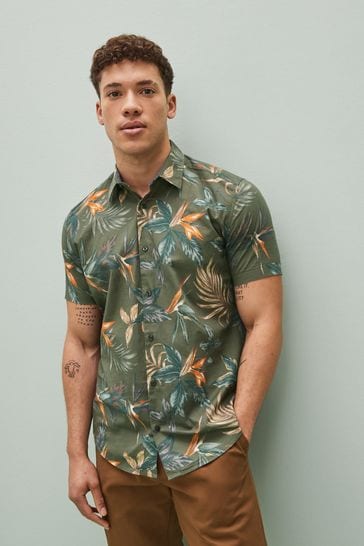 Dark Green Hawaiian Printed Short Sleeve Shirt