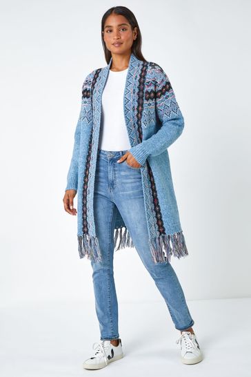 Roman Blue Fringed Hem Longline Cardigan
