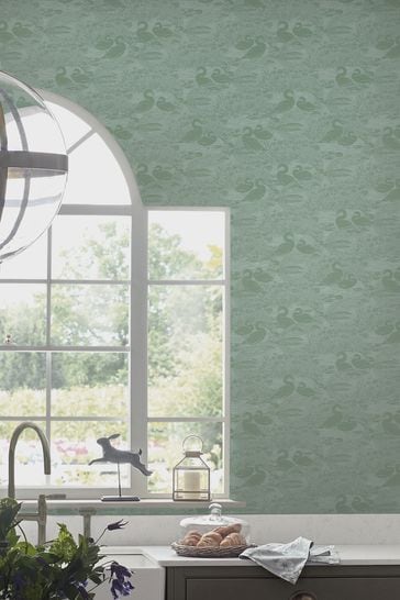 Laura Ashley Jade Green Swans Wallpaper