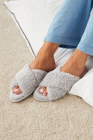 Grey Recycled Faux Fur Cosy Crossover Slippers