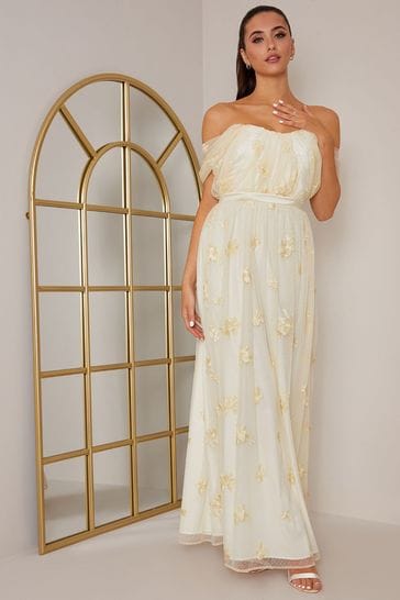 Chi Chi London Cream Bardot Embroidered Floral Dobby Lace Maxi Dress