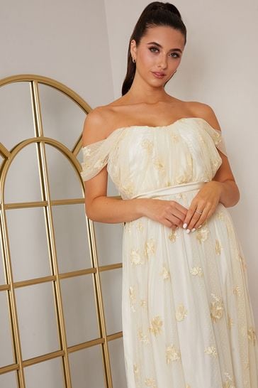 Chi Chi London Cream Bardot Embroidered Floral Dobby Lace Maxi Dress