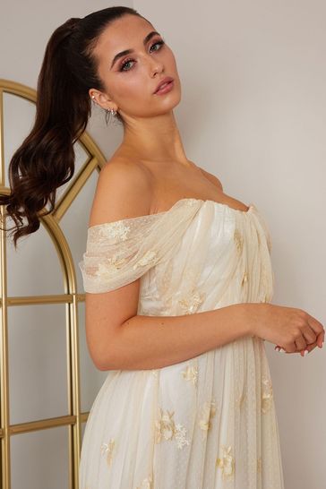 Buy Chi Chi London Cream Bardot Embroidered Floral Dobby Lace Maxi