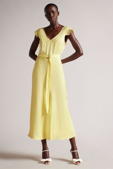 Ted Baker Yellow V Neck Bias Cut Midi Dress