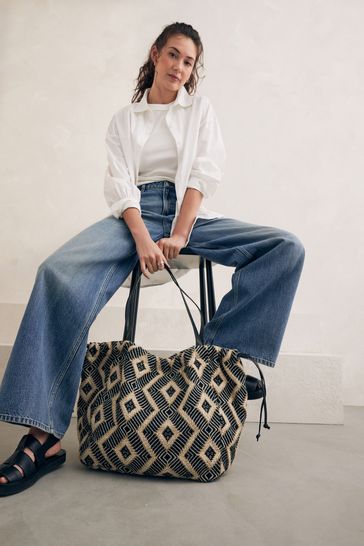 Black White Monochrome Jacquard Beach Bag