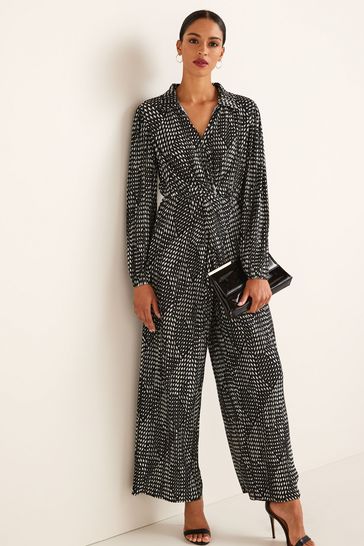Buy Black White Geo Print Long Sleeve Plisse Jumpsuit from Next Ireland