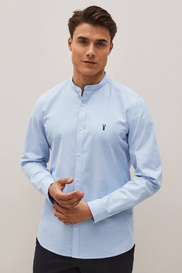 Light Blue Stretch Oxford Long Sleeve Shirt With Grandad Collar