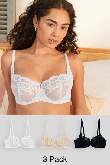 Black/White/Praline Nude Non Pad Balcony Lace Bras 3 Pack A-E