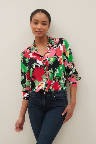 Pink Floral Textured Long Sleeve Shirt with Pocket