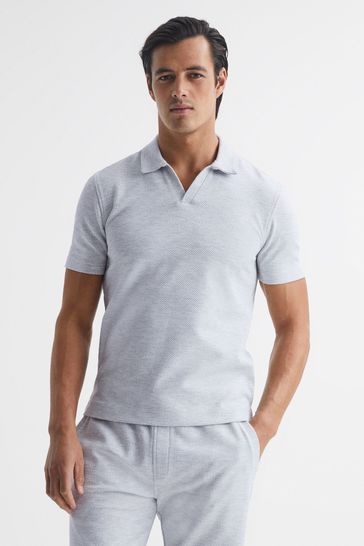 Reiss Grey Melange Thom Short Sleeve Open Collar Polo Shirt