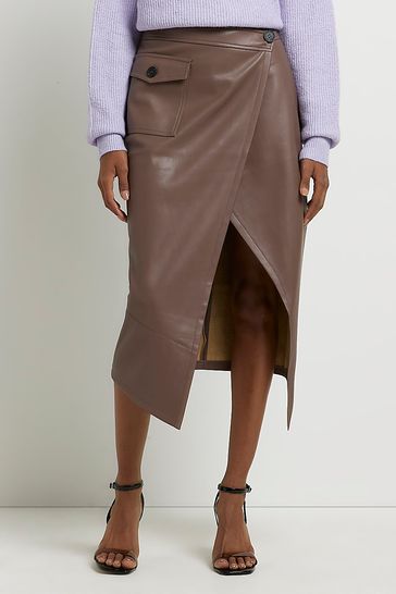 River Island Brown Faux Leather Wrap Midi Skirt