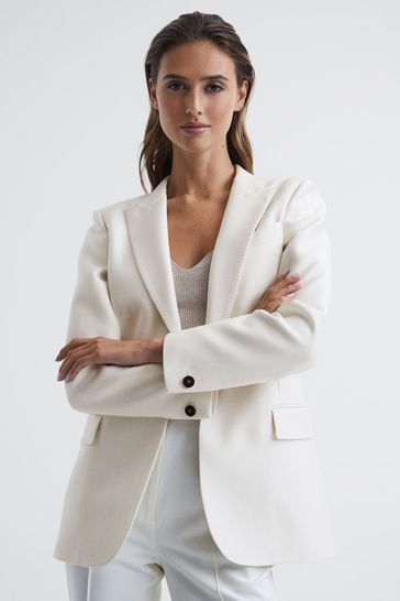 Reiss White Elin Single Breasted Wool Blend Blazer