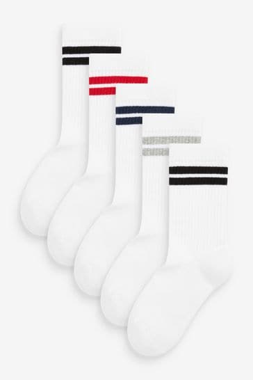 White/Blue/Red 5 Pack Cushioned Footbed Cotton Rich Ribbed Socks